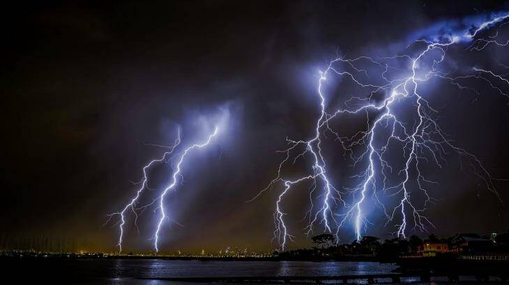 Boom, flash ... A view of the skyline from Brighton Pier, taken at the height of last night's storm. Photo: Higher Perspective Photography