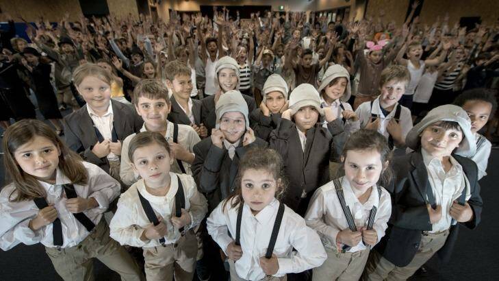 Some of the kids who play 'Lennie' in Clifton Hill Primary School's new musical about Lennie Gwyther, 9, who in 1932 rode his pony 1000km from Leongatha to the opening of the Sydney Harbour Bridge.  Photo: Penny Stephens