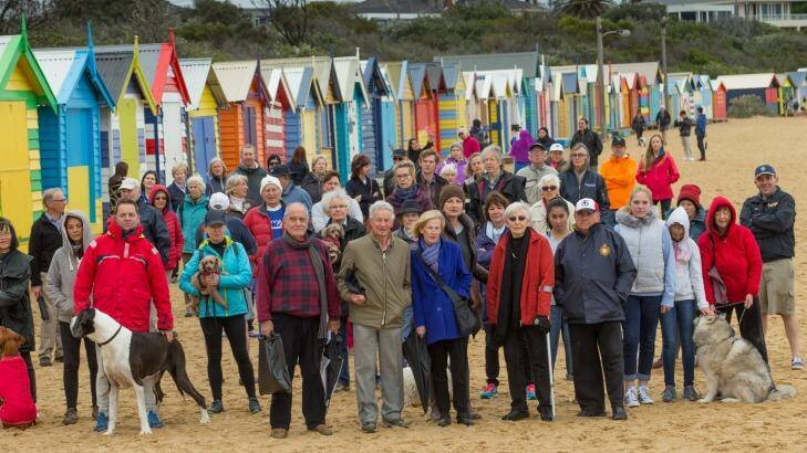 Residents opposed to the lifesaving club plan at Brighton beach on Sunday.  Photo: Jason South