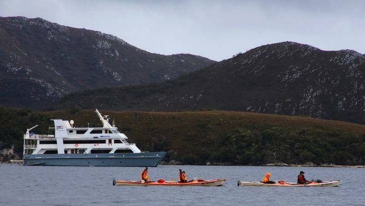 Guests take to Bathurst Harbour in kayaks with the cruise ship Coral Expedition I in the background. Photo: Supplied