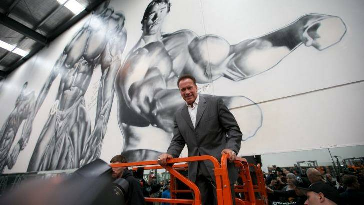 Arnold Schwarzenegger talks to the Derrimut 24:7 gym in Melbourne in 2013. Photo: Jason South