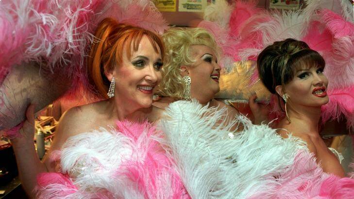 The Showbags drag queens, Amanda Monroe, Jessica James and Vivien St James, performing at the Greyhound Hotel in 2002. Photo: Melanie Faith Dove