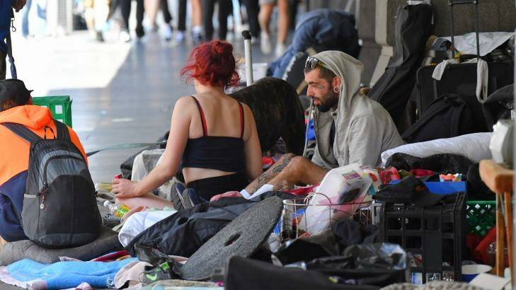 Homeless people at the encampment along Flinders Street. Photo: Joe Armao
