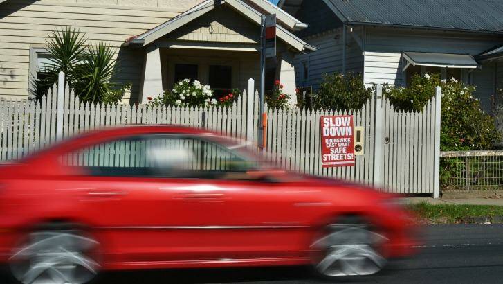 ''SLOW DOWN'' is the safety message in Albion Street, Brunswick East. Photo: Joe Armao