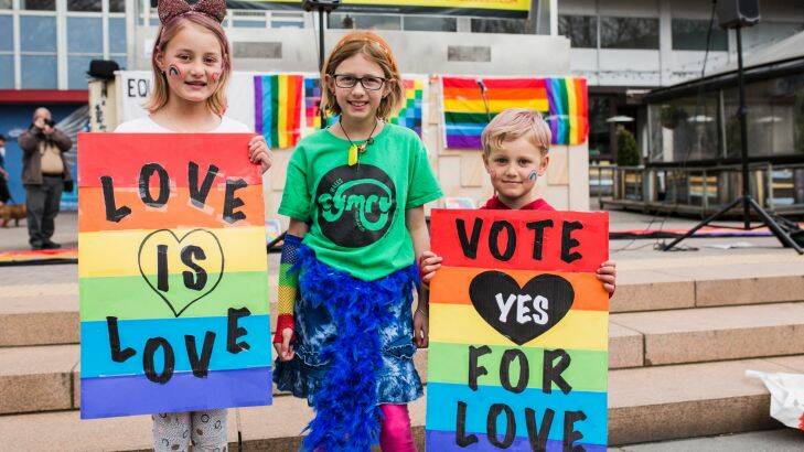 "Yes to marriage equality" rally at Canberra on Saturday.
Nia 9, Evi 9, and June 6.