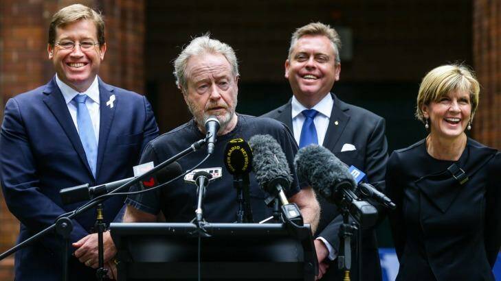 Ridley Scott with deputy premier Troy Grant, state industry minister Anthony Roberts and federal minister for foreign affairs Julie Bishop at Fox Studios. Three Alien movies could be shot in Sydney.  Photo: Dallas Kilponen