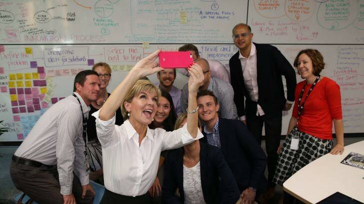 Foreign Affairs Minister Julie Bishop with InnovationXchange staff. Photo: Andrew Meares