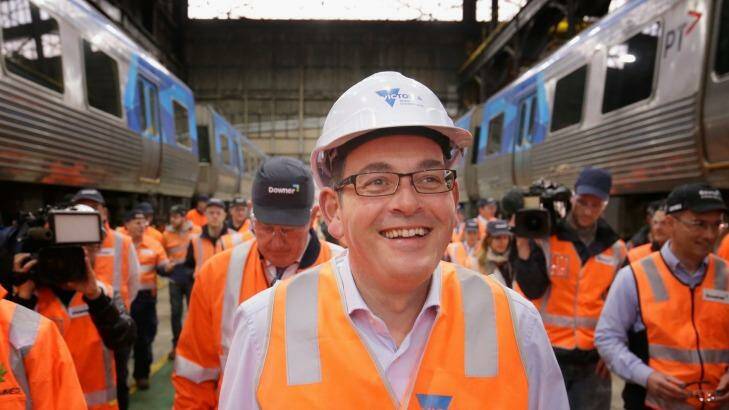 Premier Daniel Andrews on the factory floor at the Downer Rail workshops in Newport. Photo: Darrian Traynor