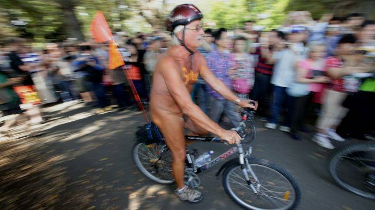 Crowds at Edinburgh Gardens for 2013's World Naked Bike Ride Day. Photo: Jason South 