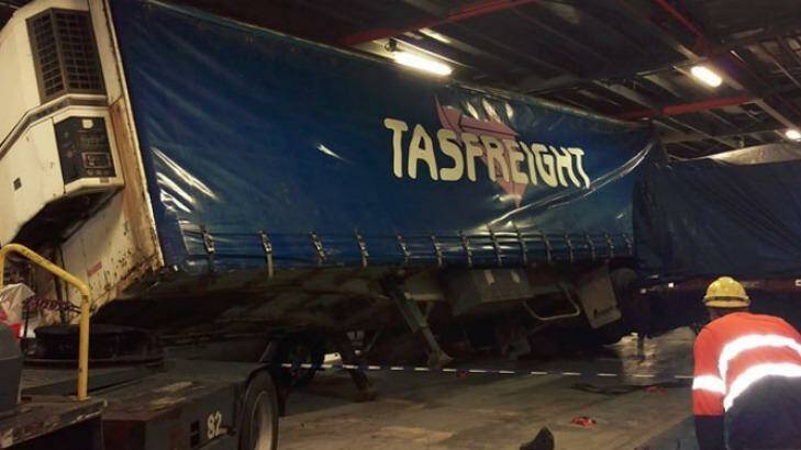 A semi-trailer tipped over on the Spirit of Tasmania II on Tuesday. Photo: Facebook