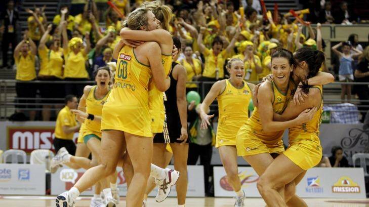 Australian Diamonds celebrate a Netball World Cup win over New Zealand.