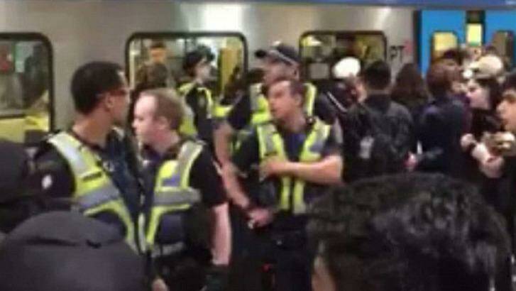 A Flinders Street Station brawl spills down to platforms four and five on Saturday around midnight. Photo: Facebook/Shabnam Lal Mitchell.