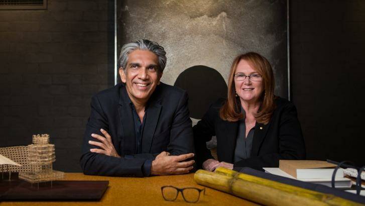 Architect Bijoy Jain and Melbourne businesswoman and philanthropist Naomi Milgrom with a model and materials for the third MPavilion. Photo: Simon Schluter