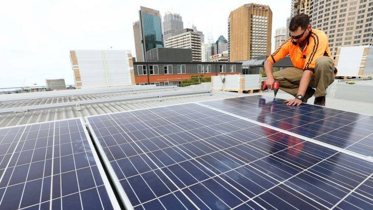 Solar panels being installed at the Sydney Town Hall. Photo: Damian Shaw
