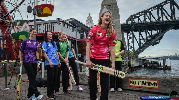 Star power: Ellyse Perry in Sydney Sixers colours at the launch of the inaugural Women's Big Bash League in Sydney.
 Photo: Brendan Esposito