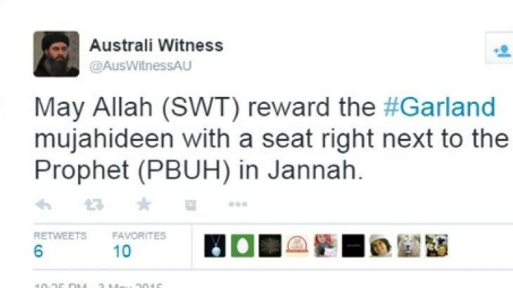 A tweet from Australi Witness after the Texas attack.The image is of Abu Bakr al Baghdadi. Photo: Site Intelligence