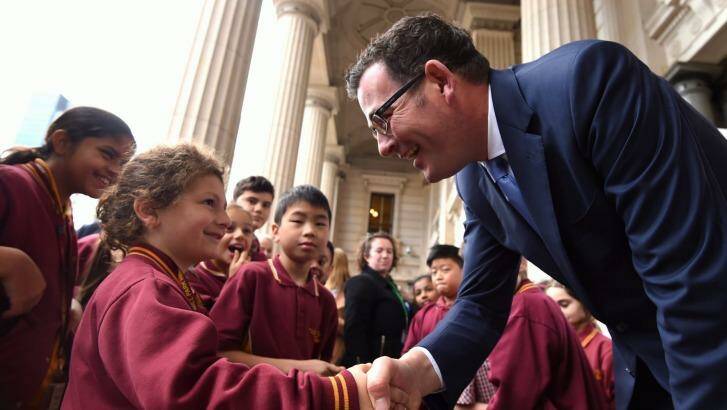 Victorian Premier Daniel Andrews announced the State Government's climate change pledge during a visit to Parliament by grade one students from Mill Park Heights Primary School. Photo: Penny Stephens