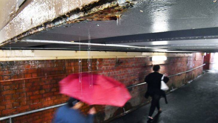 Oakleigh station underpass on Tuesday - two years after drainage issues were noted by Metro.  Photo: Joe Armao