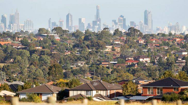 View of the Melbourne city skyline from Mickleham Road in Greenvale. Generic urban sprawl, urban development, new housing estate, outer suburbs, housing developments, urban fringe, rooftops, green wedge, rural fringe, city planning, commuter suburbs. Picture by PAUL ROVERE / THE AGE. 31 March 2011. NEWS Photo: Paul Rovere