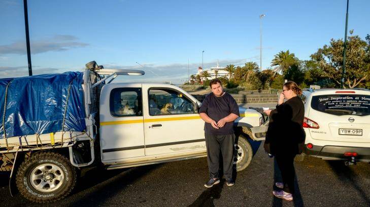 'We're stuck here with three vehicles and nowhere to stay' says Peter Webb who, with his wife Kandice is moving from Newcastle to Georgetown in Tasmania.  Photo: Justin McManus