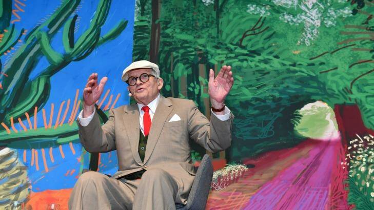 Hockney at a preview of his NGV exhibition on Thursday. Photo: Joe Armao