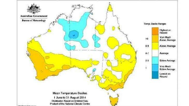 Well-above average mean winter temperatures for southern fringe of Australia. Photo: BoM
