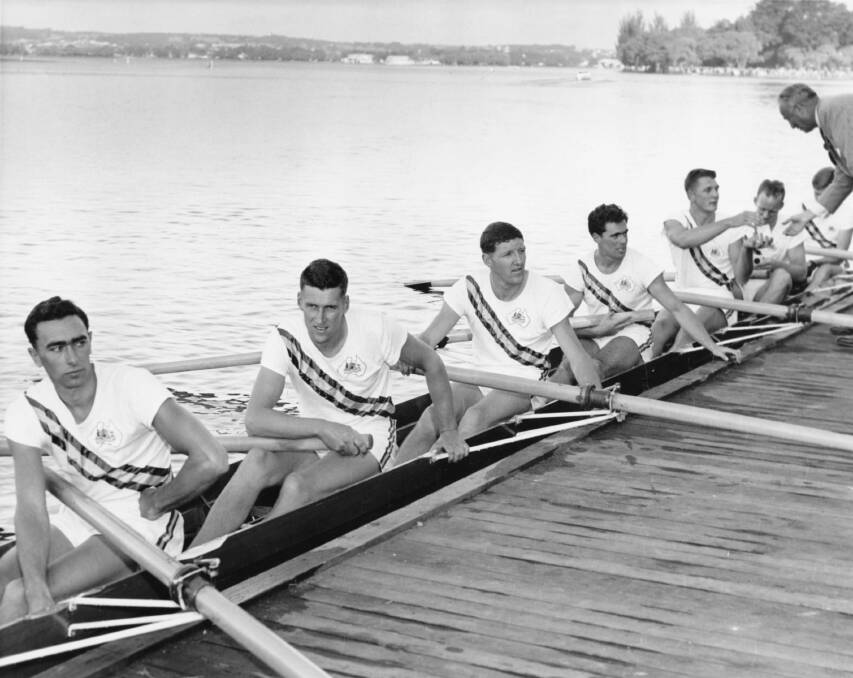 Back then: The Australian eight rowing crew, with Adrian Monger, left, and Neville Howell, second from left, receive bronze medals at the 1956 Olympics.