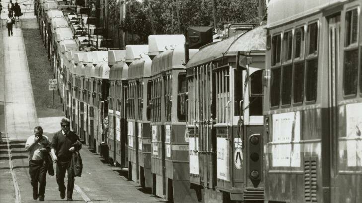 Trams lined at the Preston tram depot during stikes in 1989.  Photo: Peter Cox