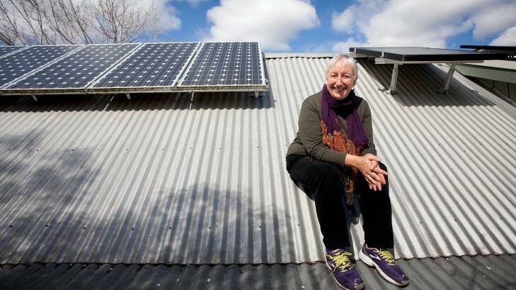 Linda Parlane with the solar panel system at her Coburg home.  Photo: Arsineh Houspian