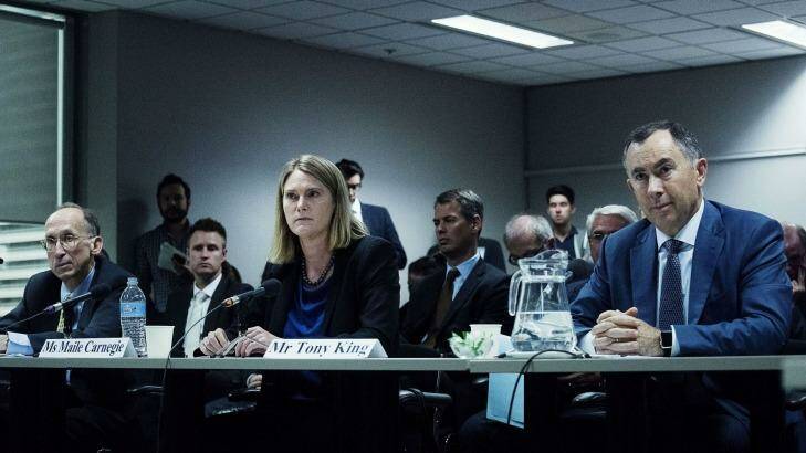 Public hearing: From left, Bill Sample, corporate vice-president of Microsoft worldwide tax, Maile Carnegie, managing director of Google Australia & New Zealand and Tony King, managing director of Apple Australia & New Zealand. Photo: Christopher Pearce