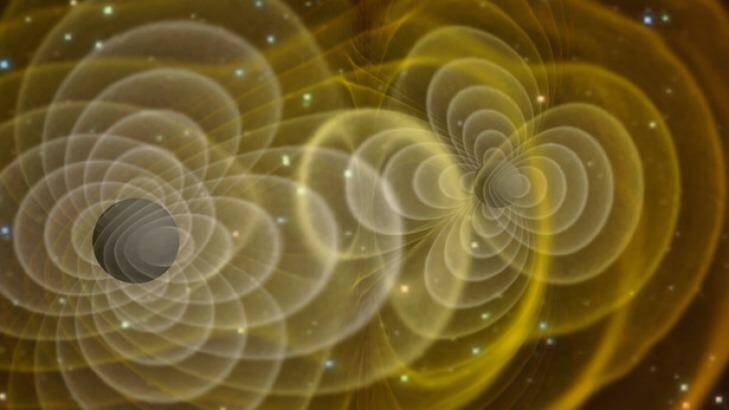 An illustration of gravitational waves produced by two orbiting black holes.  Photo: Henze/NASA/LIGO