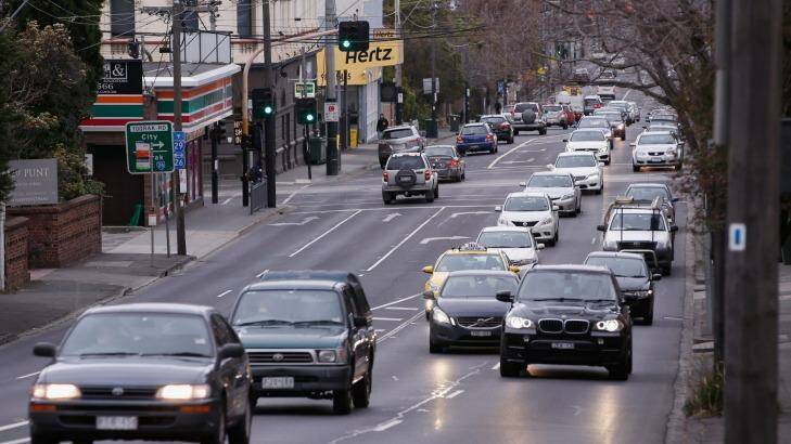 Punt Road, looking south toward South Yarra. The properties on Punt Road's eastern side (left) have had a state government acquisition option on them since 1954.  Photo: Darrian Traynor