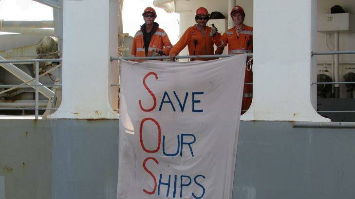 Save Our Ships: crewmen on the MV Portland protest. Photo: Tekko Roos