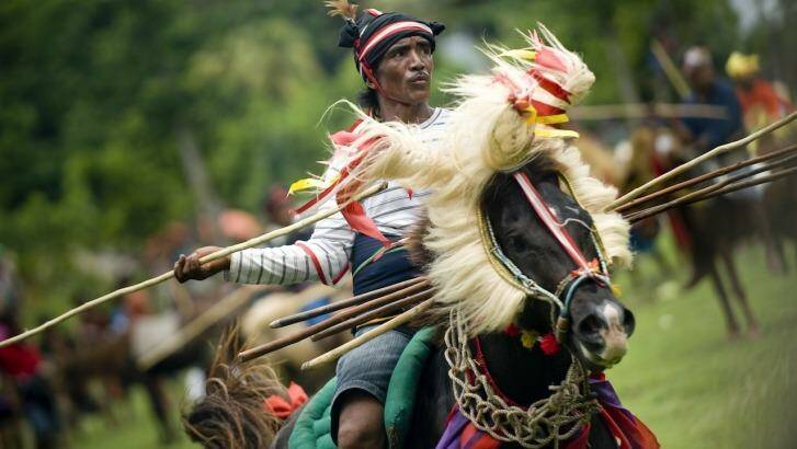 A Sumbanese horseman takes part in the pasola ritual.
