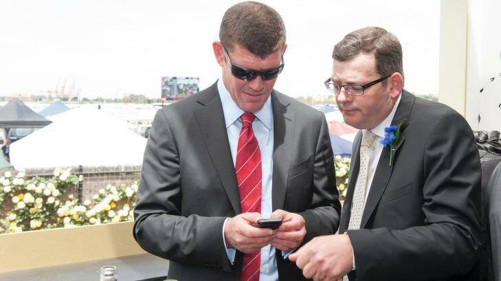 On track: Crown Resorts boss James Packer and then Victoria Opposition Labor leader Daniel Andrews in the Crown Marquee at Victoria Derby Day, 2012.  Photo: Jesse Marlow