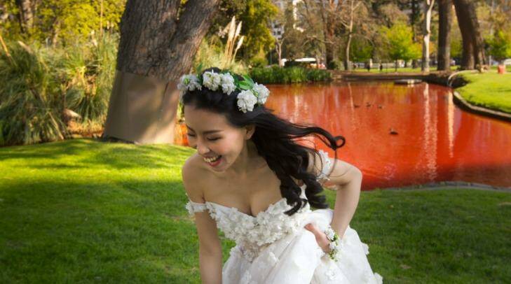The lake proved a temporary tourist attraction, although new bride Gloria Ye was not big fan. Photo: Simon Schulter