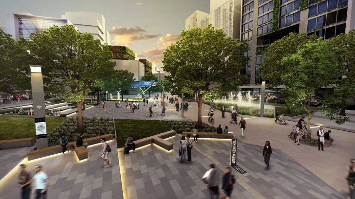 An artist's impressions of what the new "Arden" precinct in North Melbourne will look like once the Metro Tunnel project is complete.  Photo: Supplied by the Victorian government