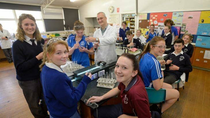 Nathalia Secondary School and St Mary of the Angels students with teacher Paul Slattery.  Photo: Justin McManus