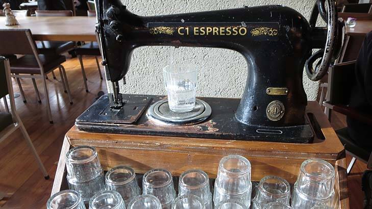 Sewing machine water dispenser at C1 Espresso. Photo: Rob Mcfarland