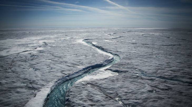 Meltwater flows along a glacial river on the Greenland ice sheet last July. Photo: New York Times