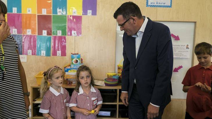 Premier Daniel Andrews chats with St Kilda Primary School students on Thursday.  Photo: Luis Ascui