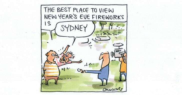 Matt Golding?? 
Firworks man for Melbourne says 'The best place to view New Year's Eve fireworks is...' and a photobomber jumps in saying 'SYDNEY'