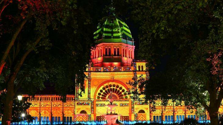 Artwork by The Pitcha Makin Fellas and OCUBO is projected onto the Royal Exhibition Building as part of this year's White Night Melbourne. Photo: Graham Denholm