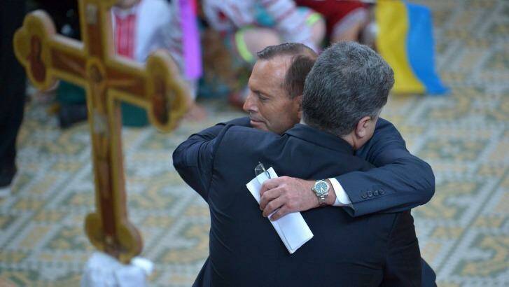 Ukrainian President Petro Poroshenko and Prime Minister Tony Abbott at a MH17 memorial service in Melbourne on Thursday. Photo: Joe Armao