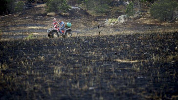 Gerrard Bakker and Steve Gannon survey burnt-out farm area in Creightons Creek, near Euroa in Central Victoria. Photo: Jason South