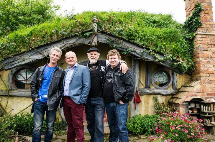 A happy company of Dwarves on a return visit. Left to right: Jed Brophy (Nori); Mark Hadlow (Dori), John Callen (Oin) and Stephen Hunter (Bophur) outside their favourite Hobbit hole.
Credit Tourism New Zealand Photo: Tourism New Zealand