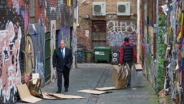 Lord Mayor Robert Doyle in a lane behind the council-owned "Munro site". Melbourne City Council wants to redevelop the site as part of its revamp of Queen Victoria Market.  Photo: Jason South