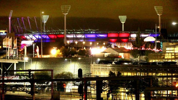The new lighting installed at the MCG was used to show Victoria's support for the attacks in France. Photo: Wayne Hawkins