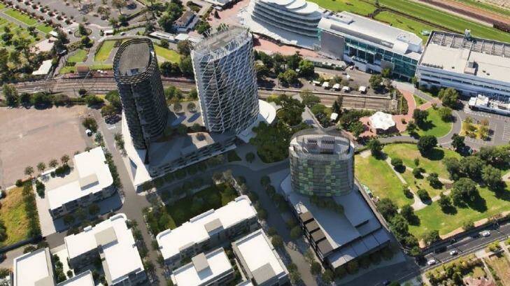 An artist's impression of planned apartment towers next to Flemington Racecourse railway station. 