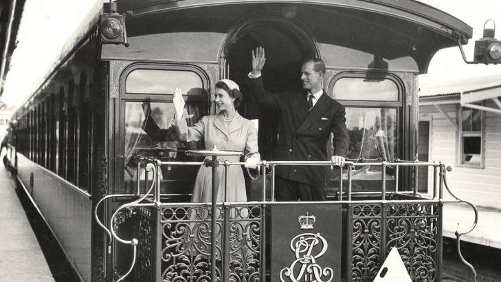 Elizabeth II and Prince Phillip on the royal train at Central Railway Station, Sydney, in 1954. Photo: Courtesy of State Records NSW